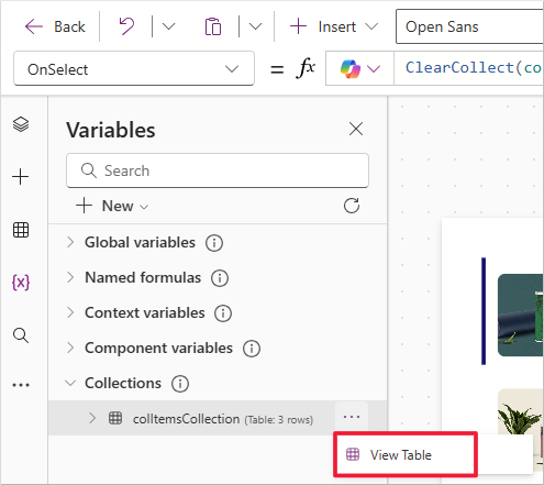 Screenshot showing the Variables menu with Collections expanded and the View Table button highlighted.