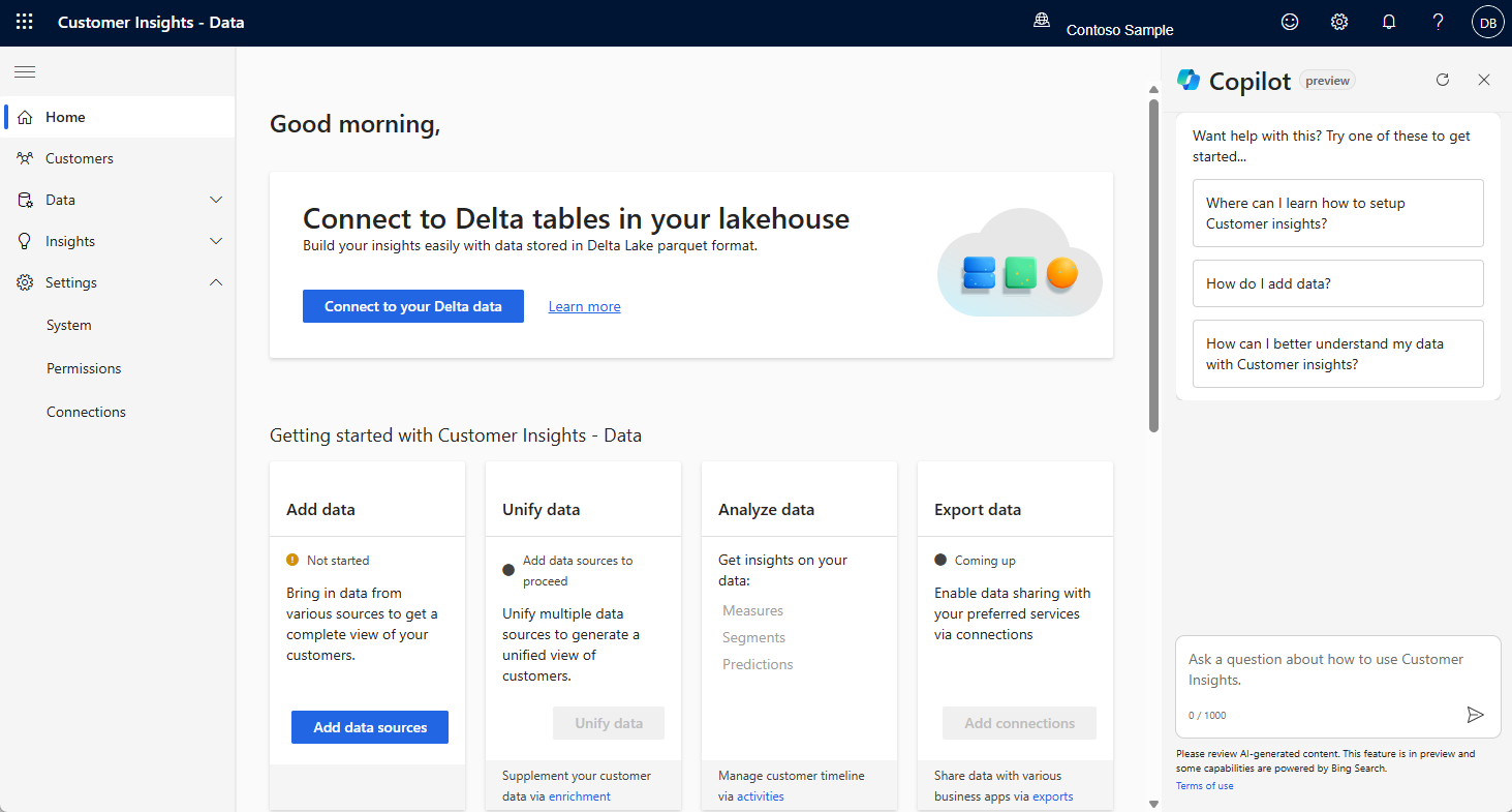 Screenshot of the Customer Insights welcome screen.