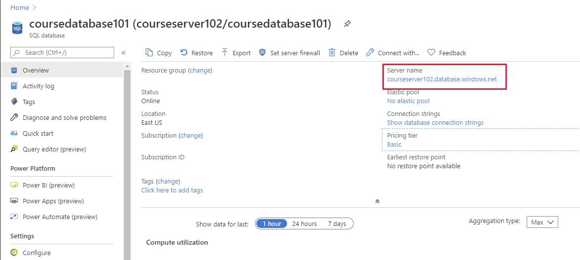 Screenshot of the Overview page for a SQL Database instance in the Azure portal.