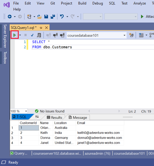 Screenshot of running a query in Visual Studio.