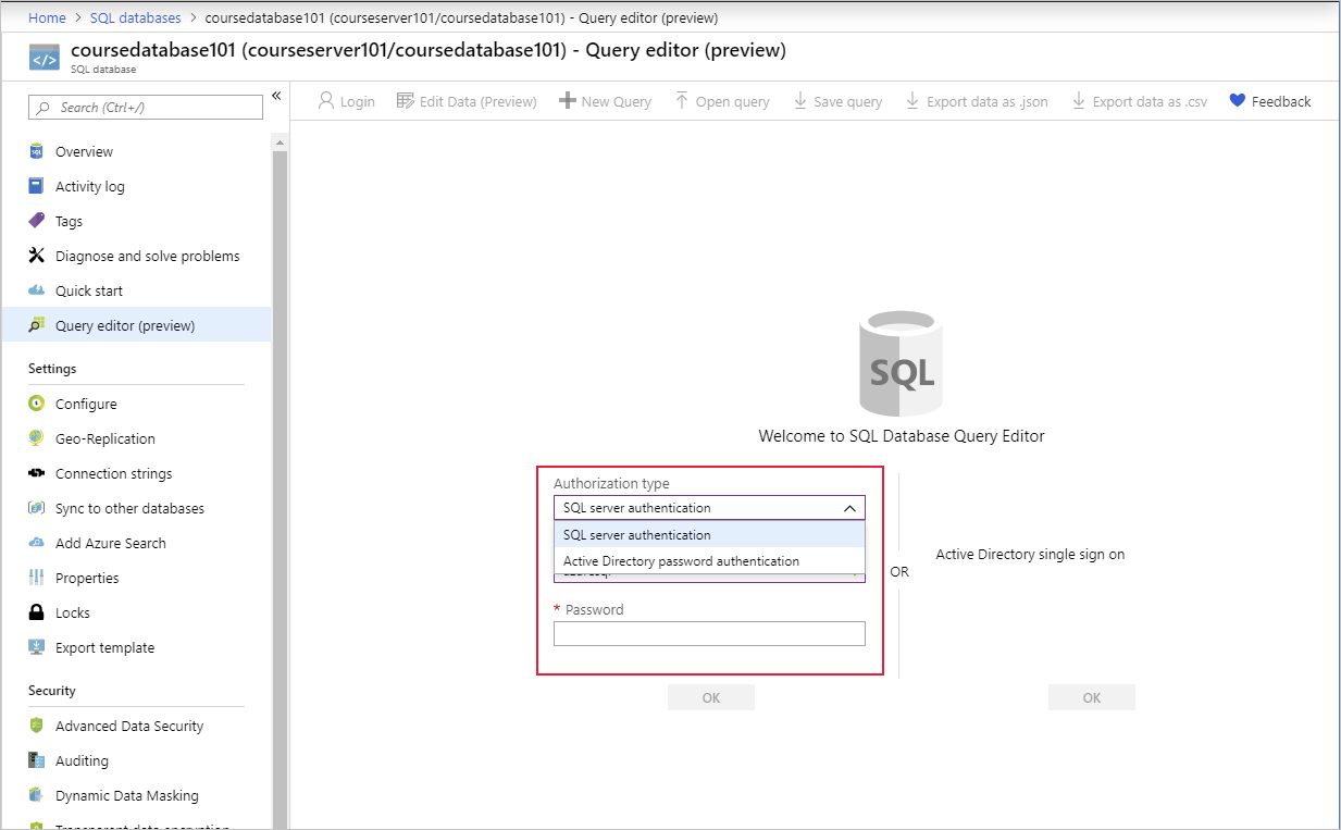 Screenshot of the SQL Database sign-in page in the Azure portal.