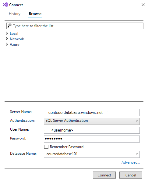 Screenshot of the Connect dialog box in Visual Studio.
