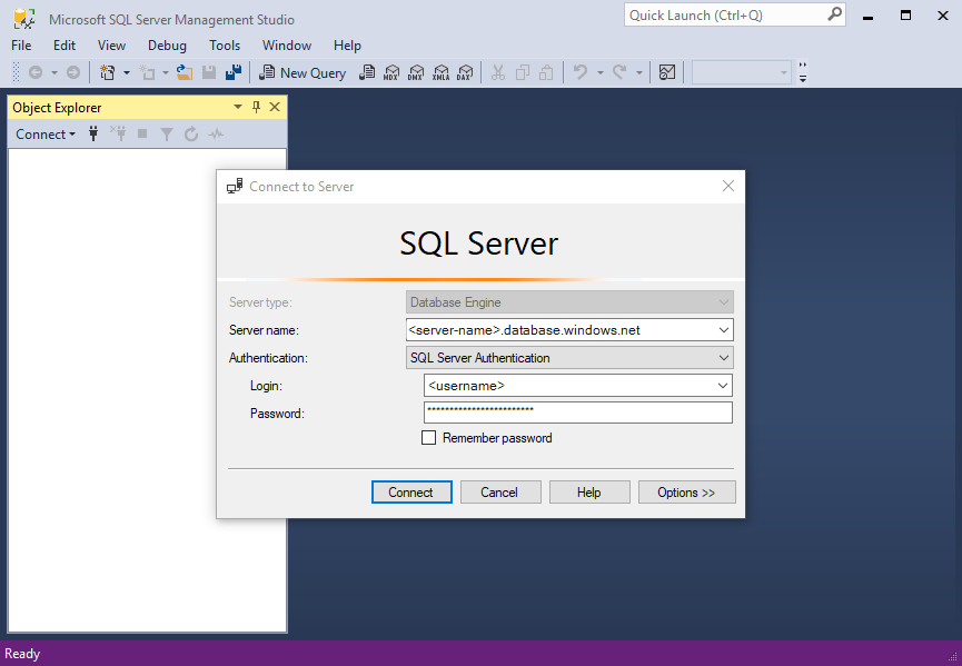 Screenshot of SQL Server Management Studio - Connect to Server dialog.