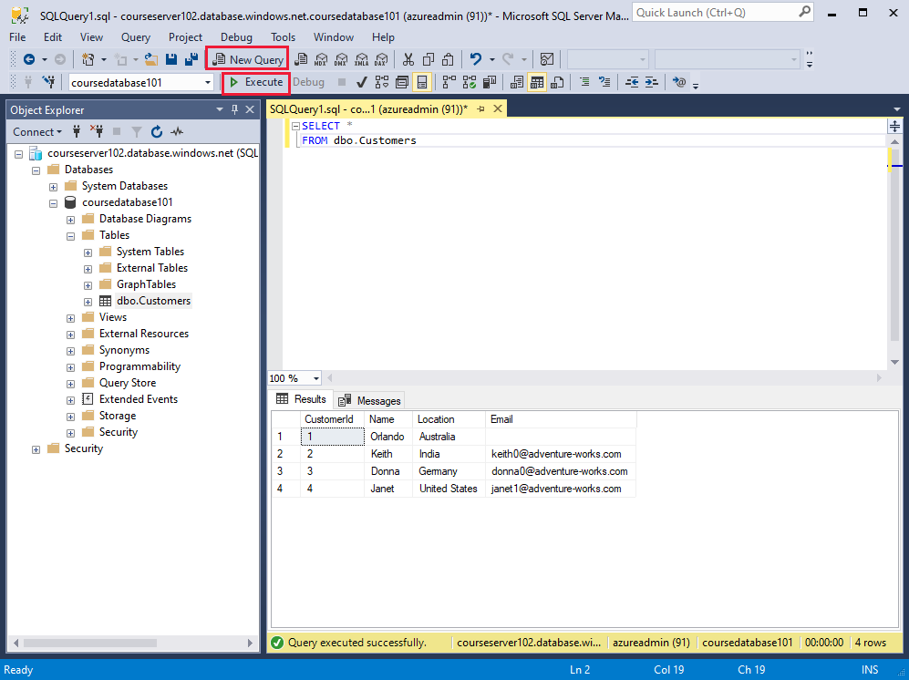 Screenshot of the query pane in SQL Server Management Studio, showing the results of running a SQL script.