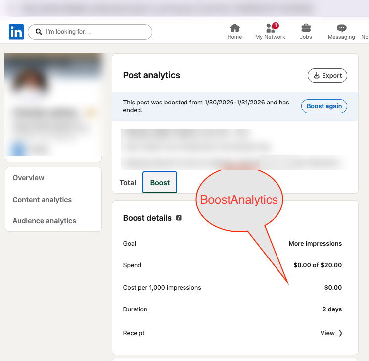 Post analytics page showing the Boost details section for the analytics endpoint