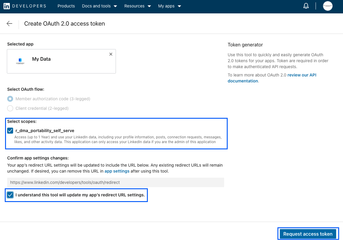 Select r_dma_portability_self_serve as scope and click on Request access token