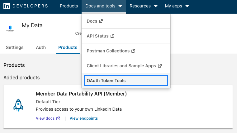 select oAuth Token Tools under Docs and Tools