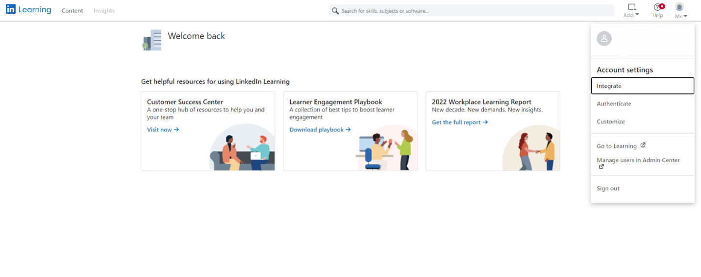LinkedIn Learning admin centre homepage