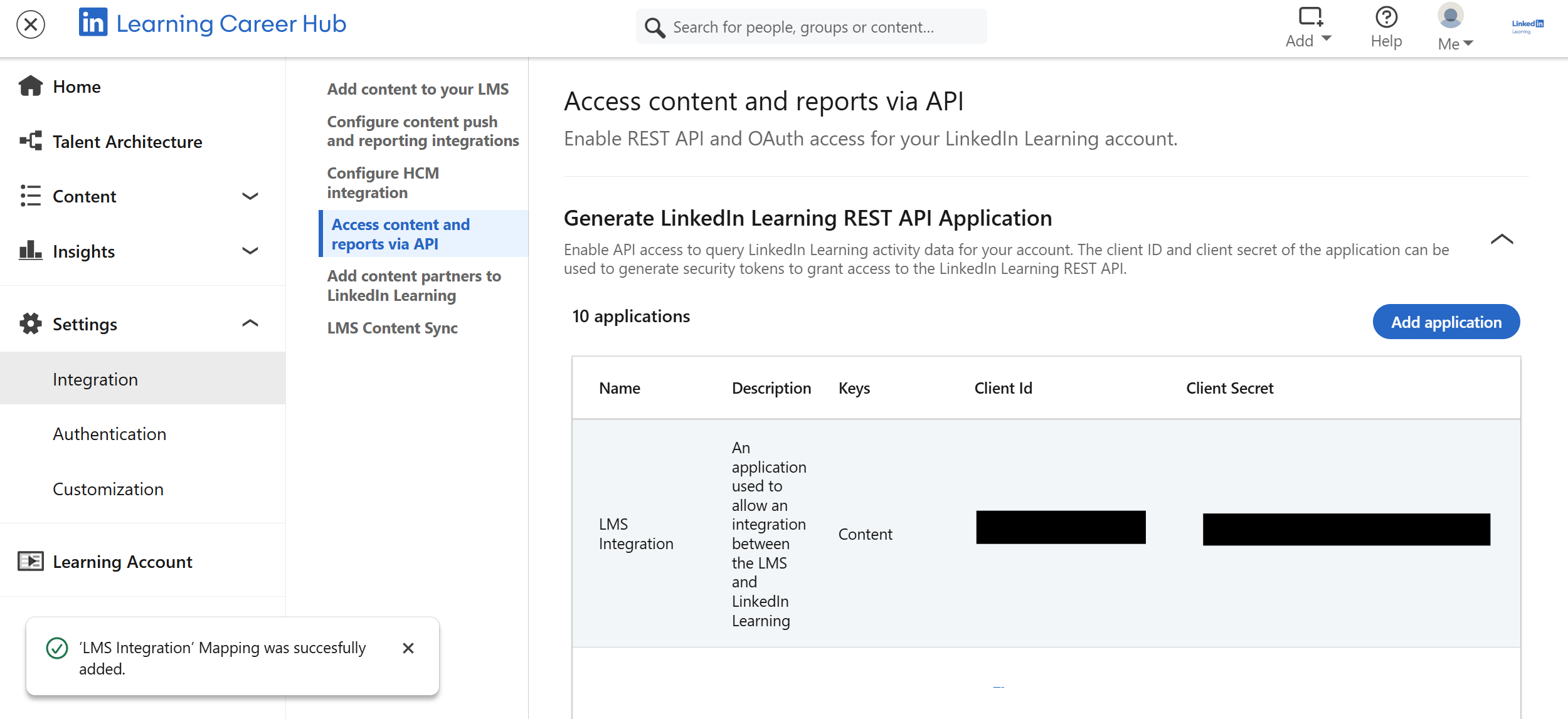API application showing LMS information