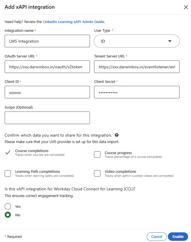 Input settings for XAPI configuration