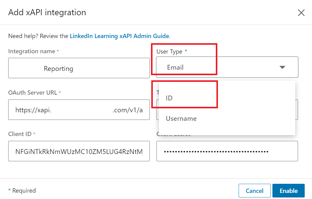 Select Usertype for XAPI configuration