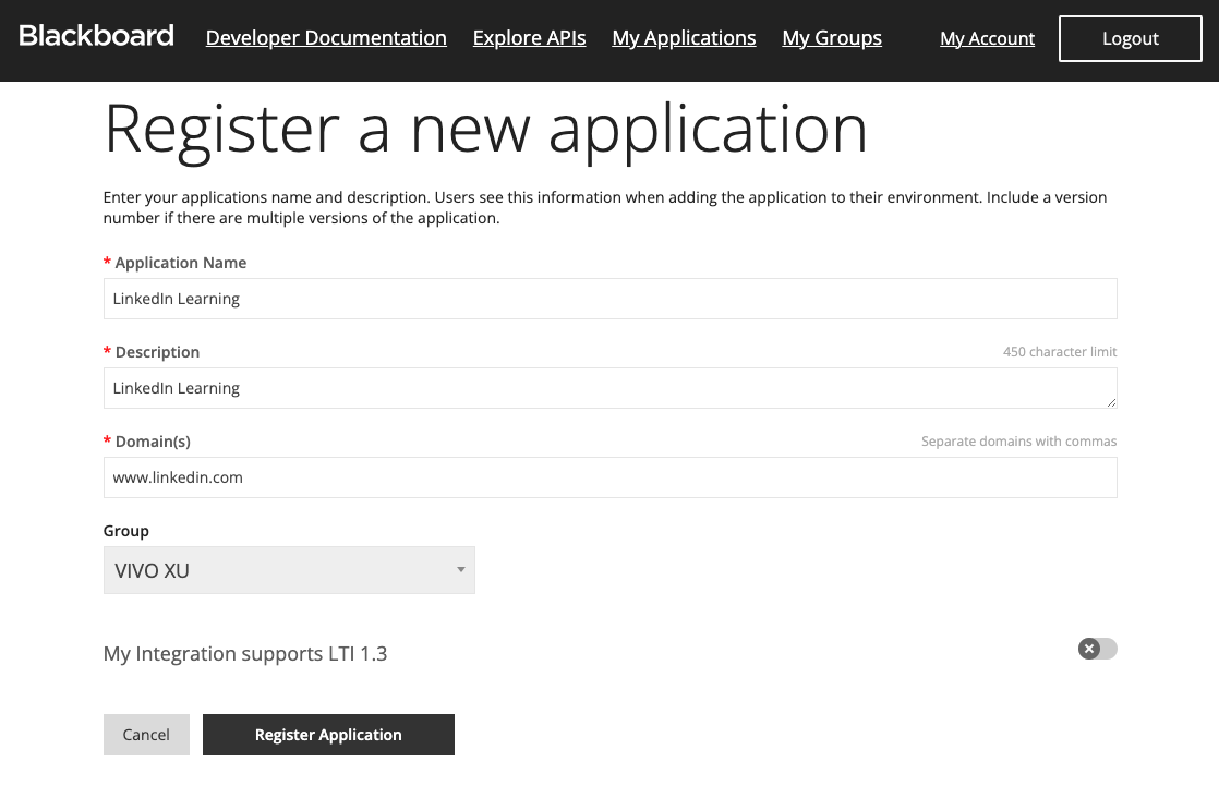 Register a new Learning App within Blackboard
