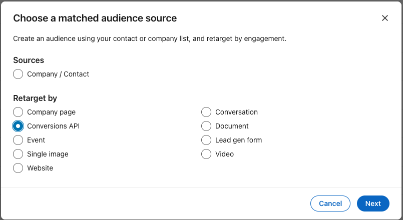 Choose a matched audience source dialog with Conversions API selected as the retargeting source