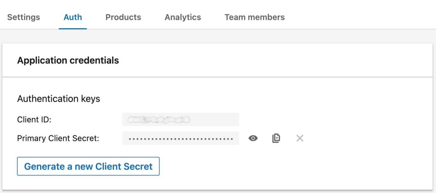 The LinkedIn Developer Portal Auth tab showing the Client ID and Client Secret fields