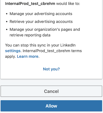 The LinkedIn authorization page prompting the user to allow or deny the requested OAuth scopes