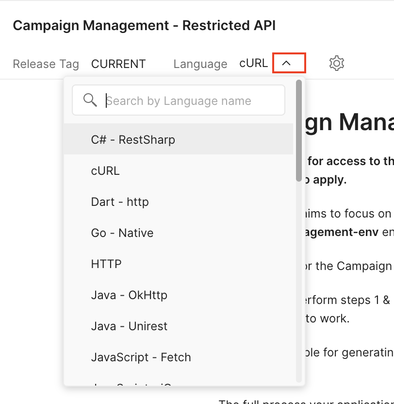 The Postman code snippets panel showing example API requests in multiple programming languages