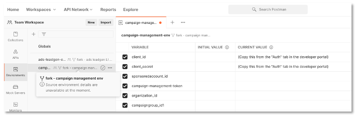 The Postman environment variables panel showing fields for Client ID, Client Secret, and other required variables