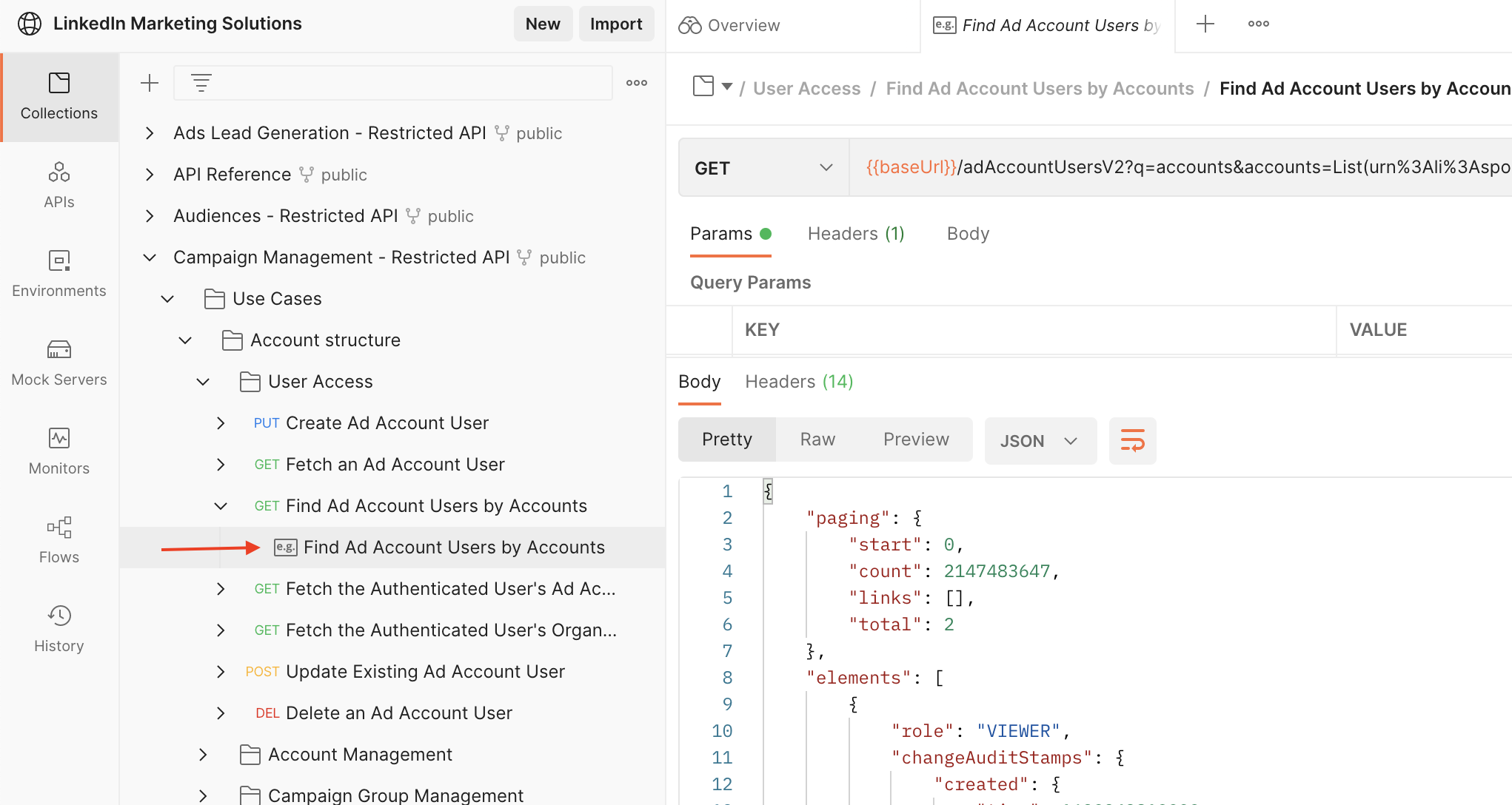A Postman saved example response showing a sample API response body for a LinkedIn Marketing Solutions request