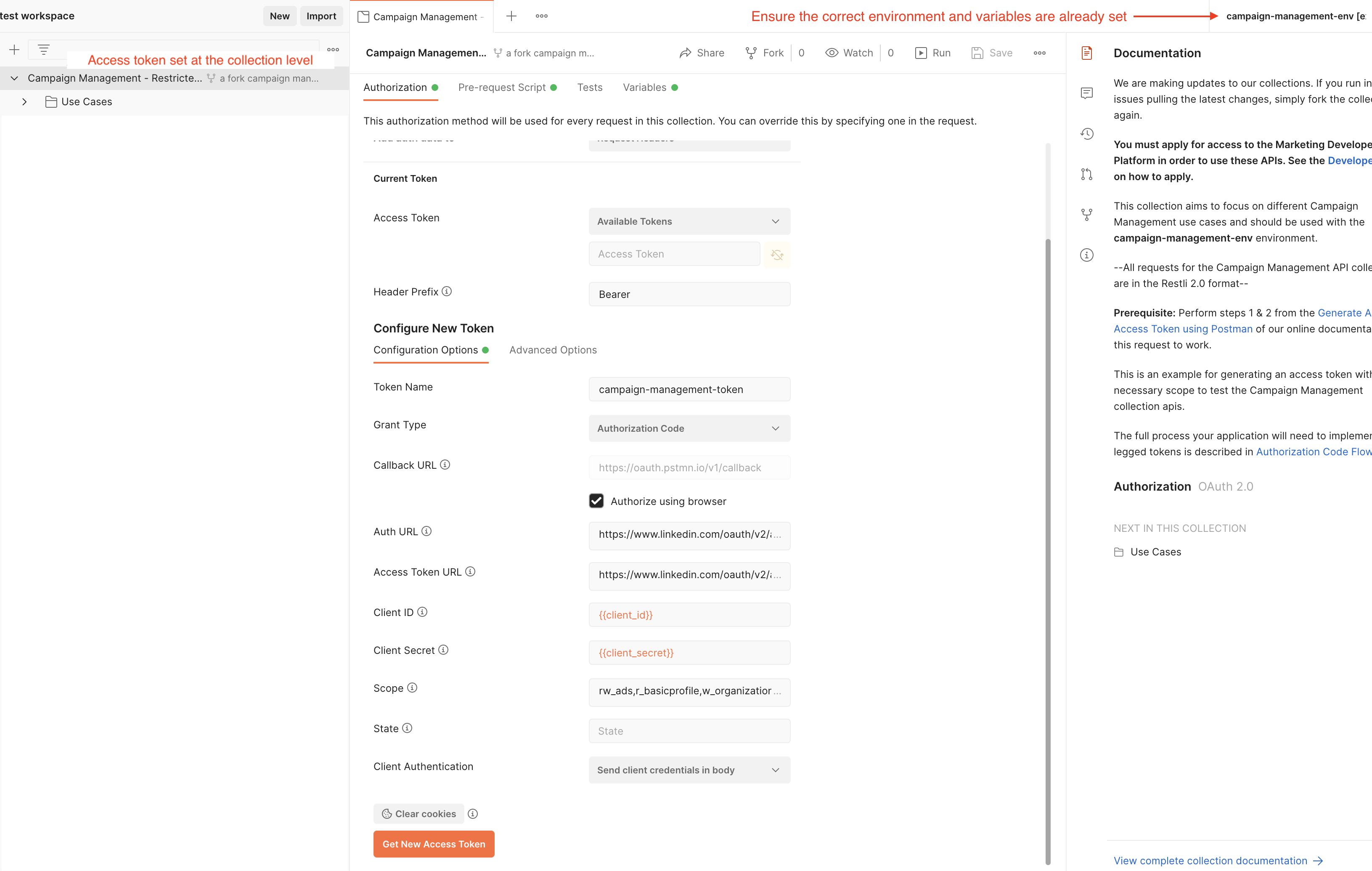 The Postman OAuth 2.0 authorization configuration panel with grant type, callback URL, auth URL, access token URL, client credentials, and scope fields filled in