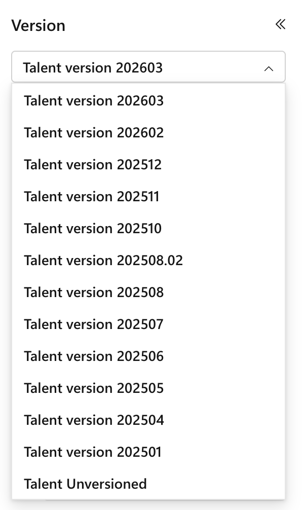 Screenshot of the version dropdown selector showing available Talent API versions