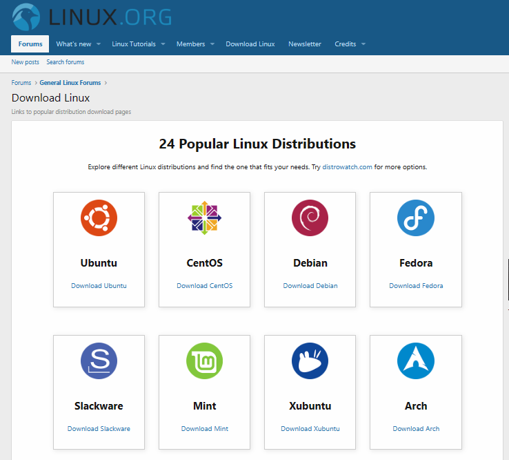 Screenshot of the list of distributions on Linux.org