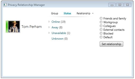 Screen shot of privacy relationship manager UI