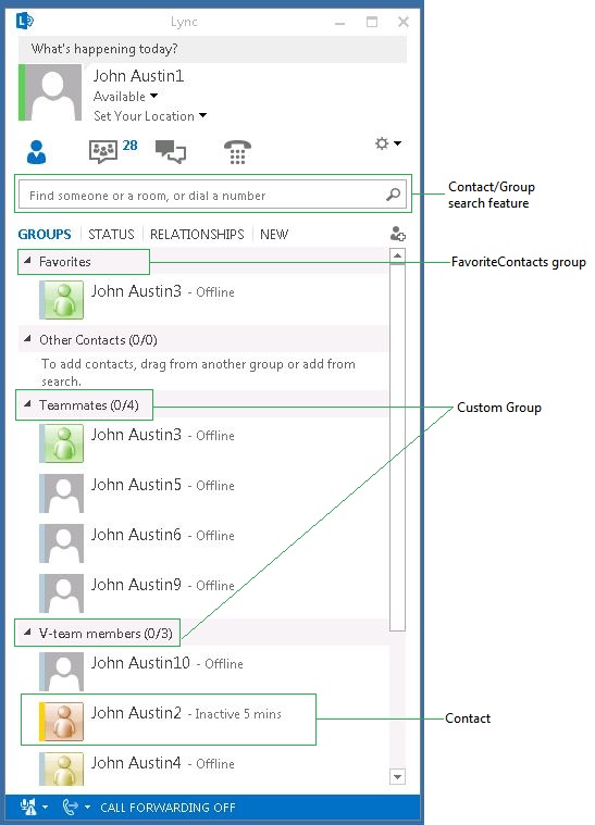 Lync 2013 client with contact list elements named