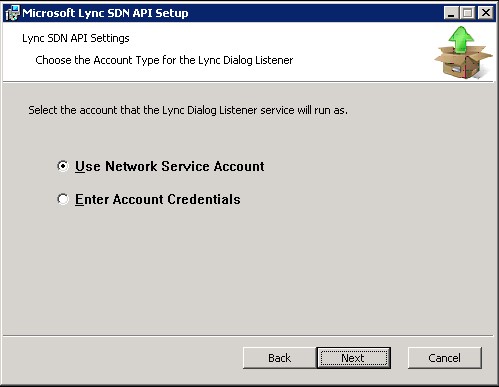 Install Lync SDN API Settings: Choose Account Type