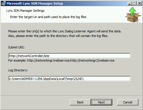 Lync SDN Manager submit URI dialog box