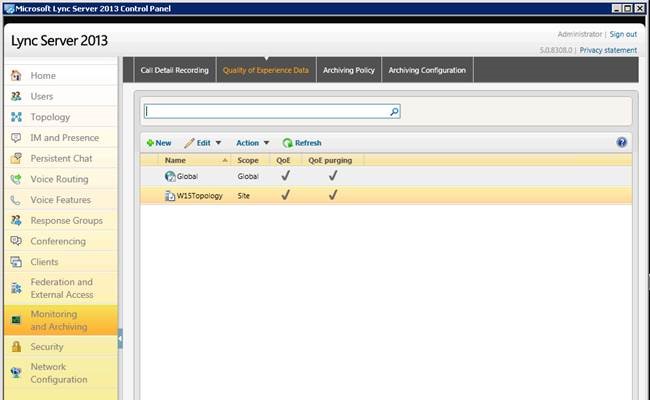 Lync Server Control Panel showing QoE setting
