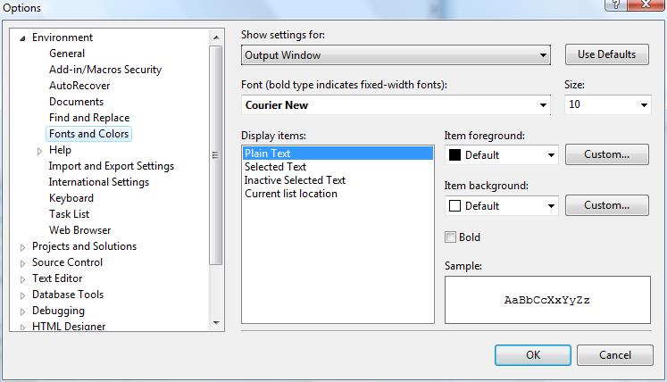 Screenshot that shows the options for configuring fonts and colors.