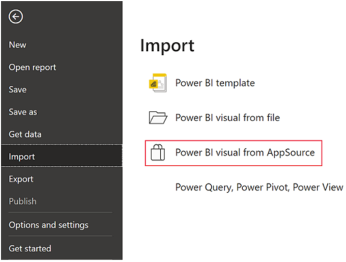 Screenshot that highlights the option to import Power BI visual from AppSource.