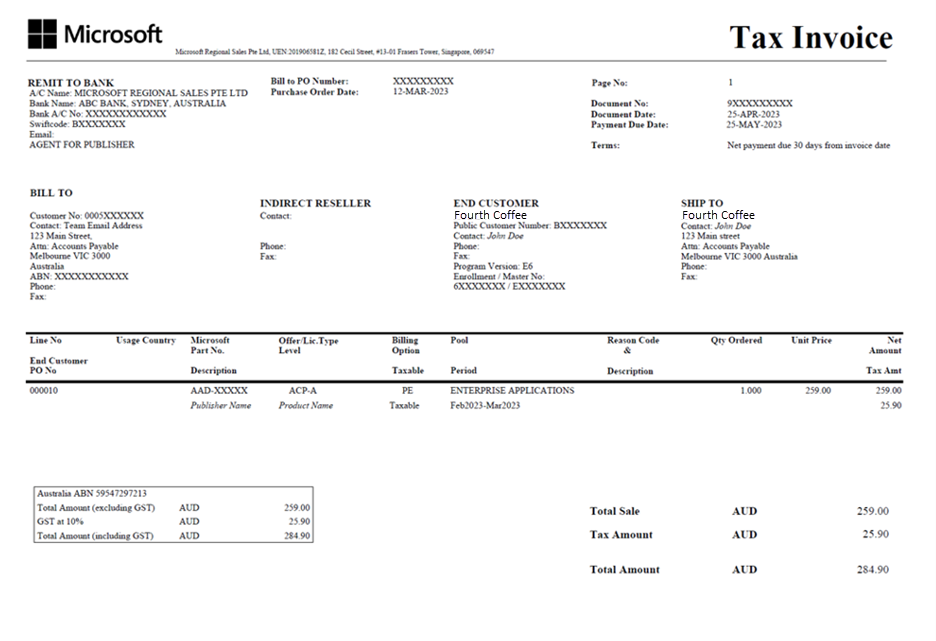 Screenshot showing the Enterprise Agreement invoice for Australia, a Microsoft-managed country.