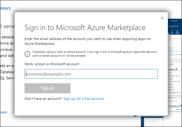 The Azure Marketplace sign-in dialog box.