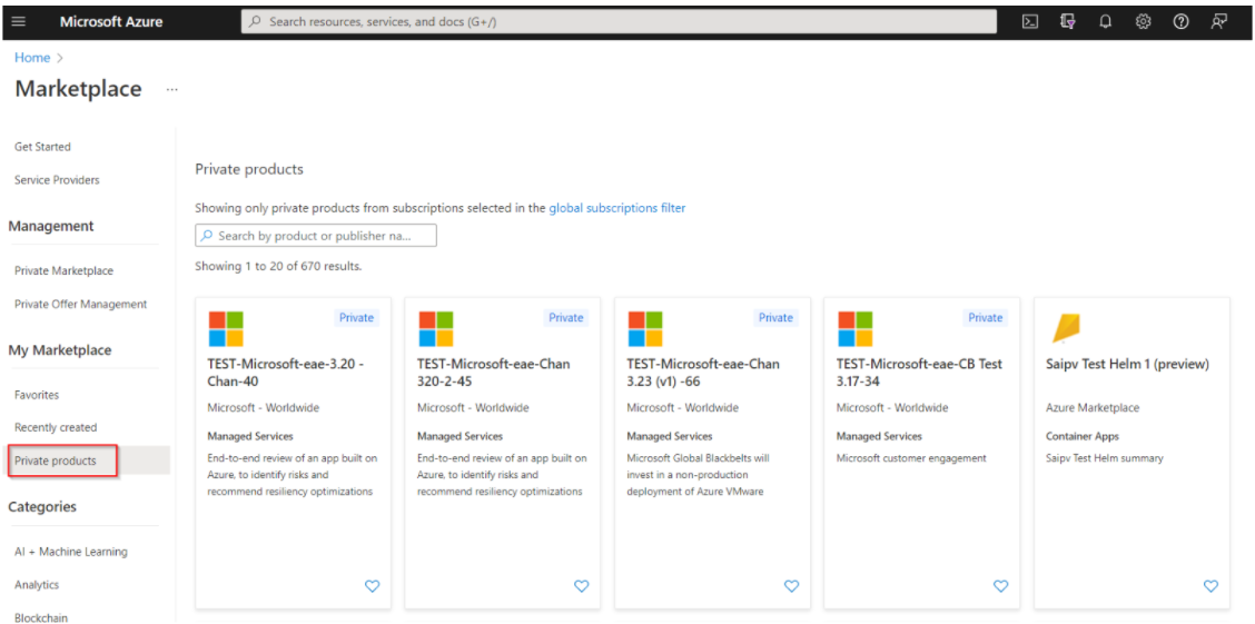 Screenshot that shows the Private products tab in Azure Marketplace.