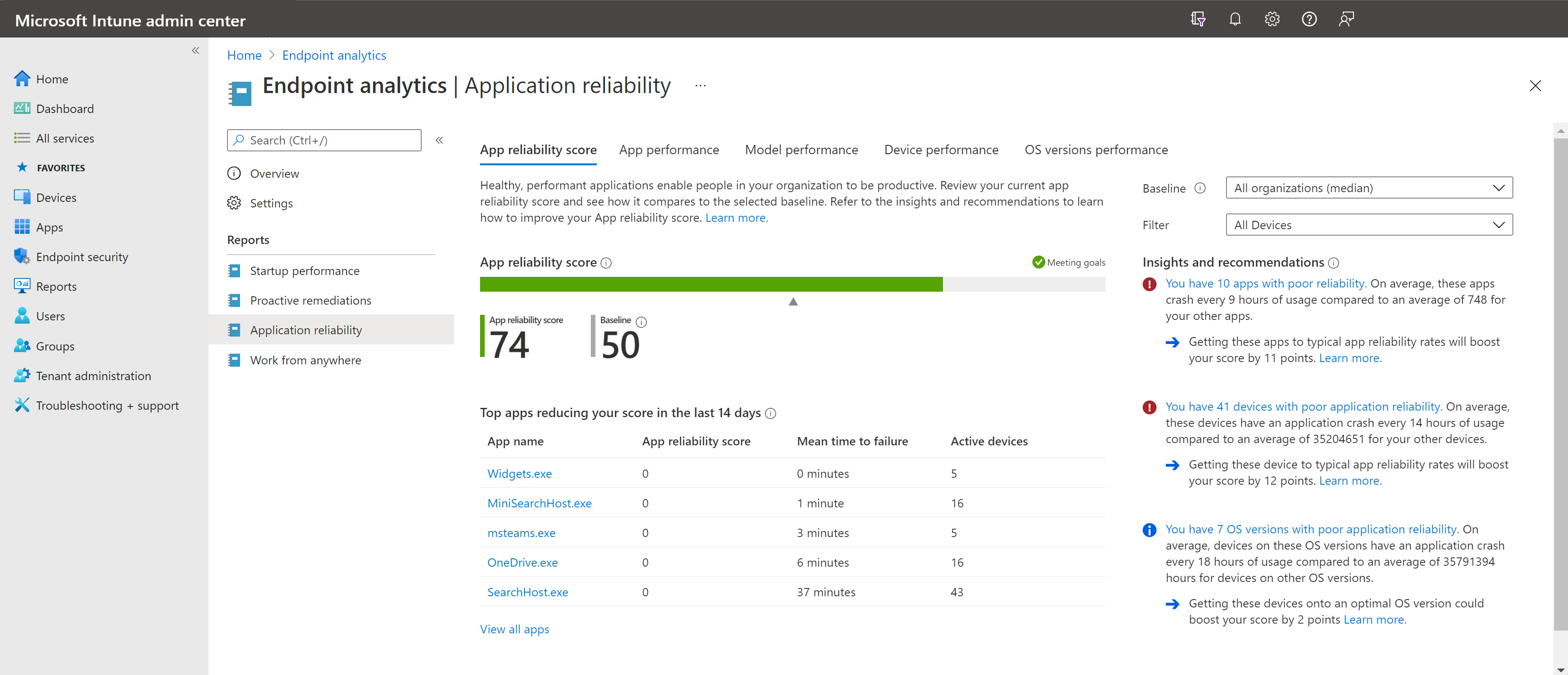 Application reliability report in endpoint analytics
