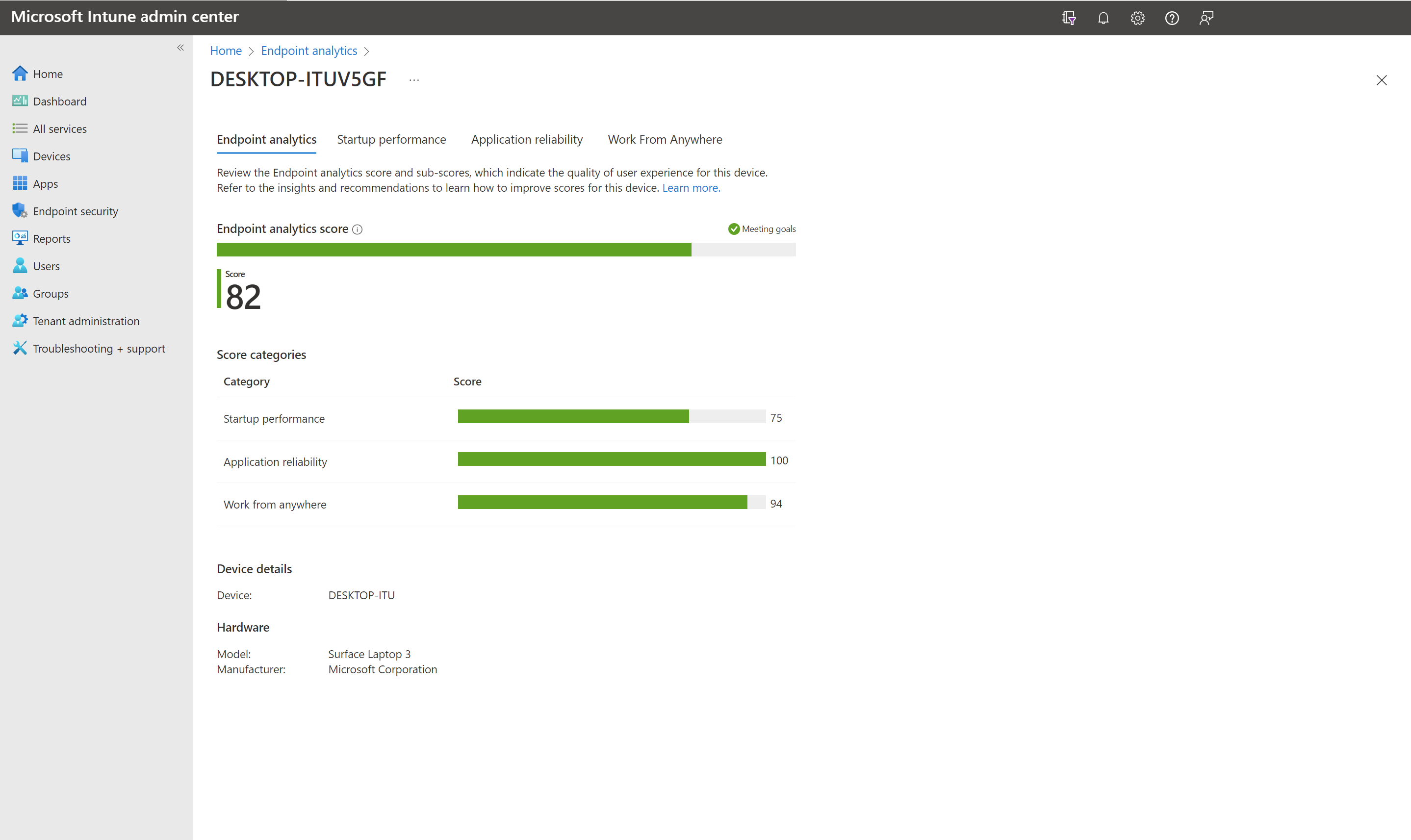 Screenshot of a device's Endpoint analytics score with the startup performance and application reliability subscores.