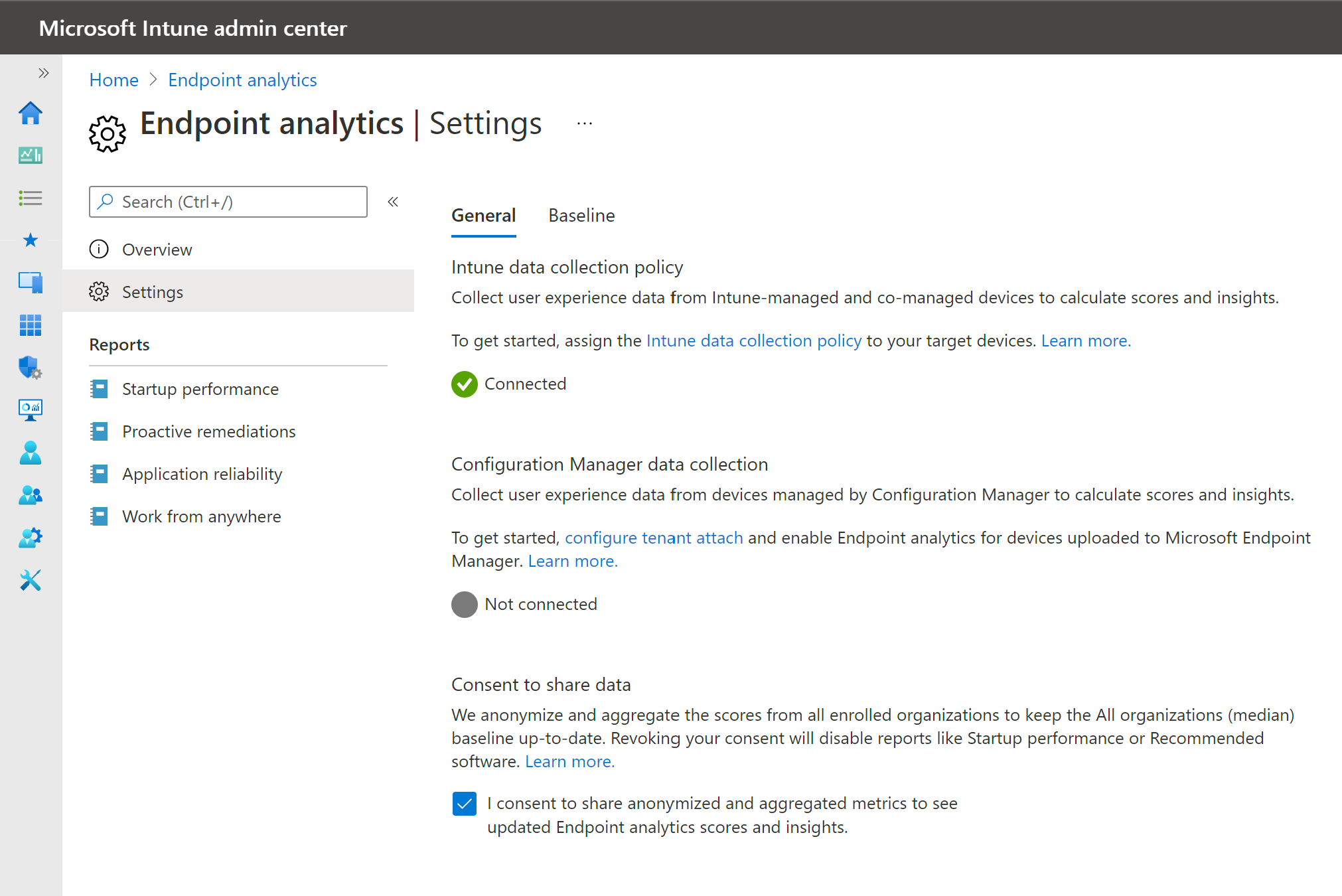 Endpoint analytics general settings page