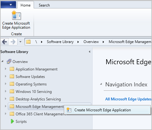 Microsoft Edge Management node right-click action