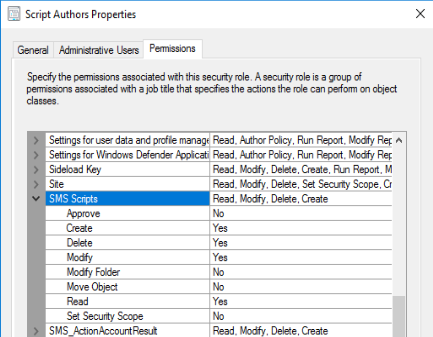 Example of SMS Scripts permissions for the script authors role