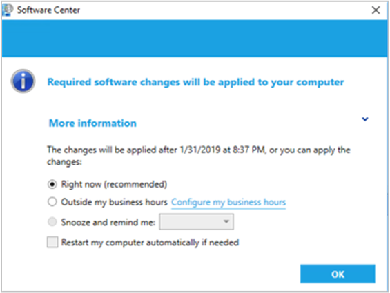 Dialog window for Required software changes