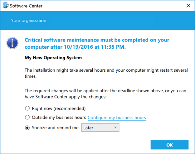Required software dialog notifies you of critical software maintenance