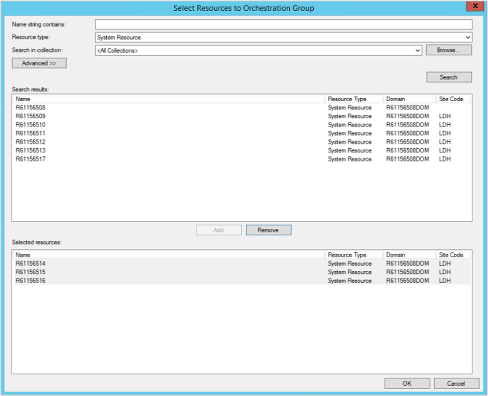 Screenshot of Select Resources to Orchestration Group window