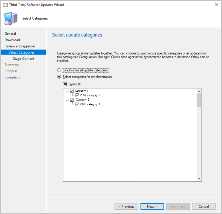 Select update categories to synchronize into Configuration Manager