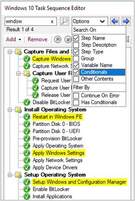 Searching in the task sequence editor