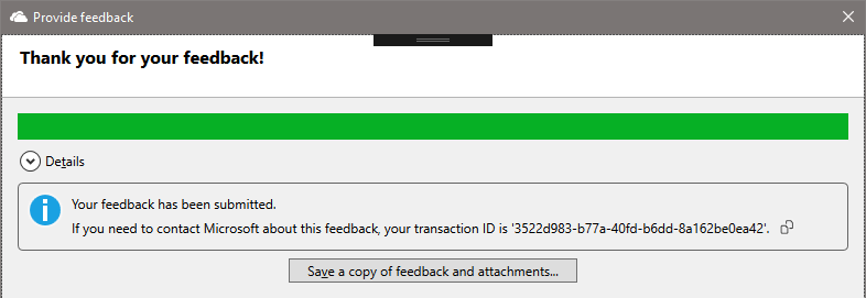 Screenshot of Provide feedback wizard completion page