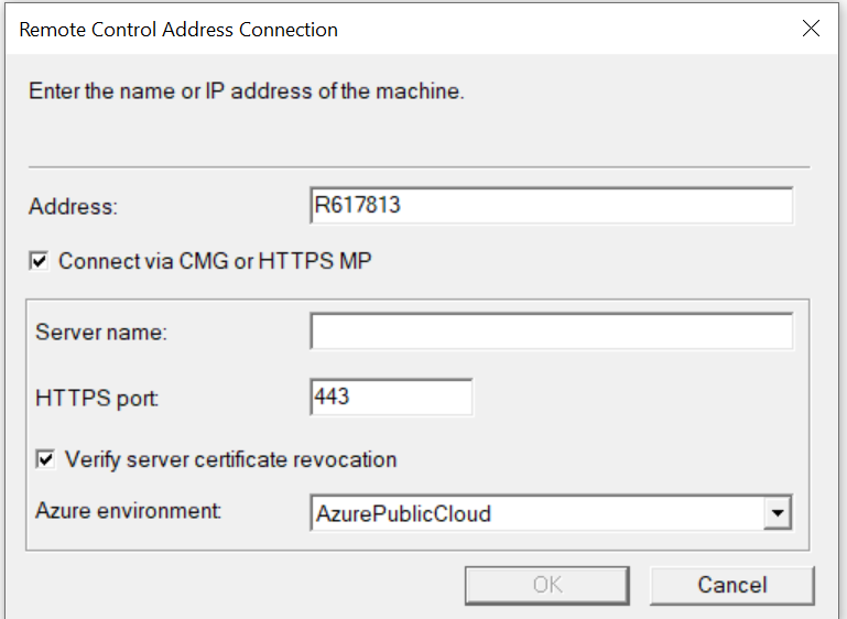 Remote Control Address Connection window with CMG selection