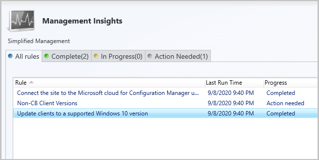 Screenshot of the Simplified Management group in Management Insights