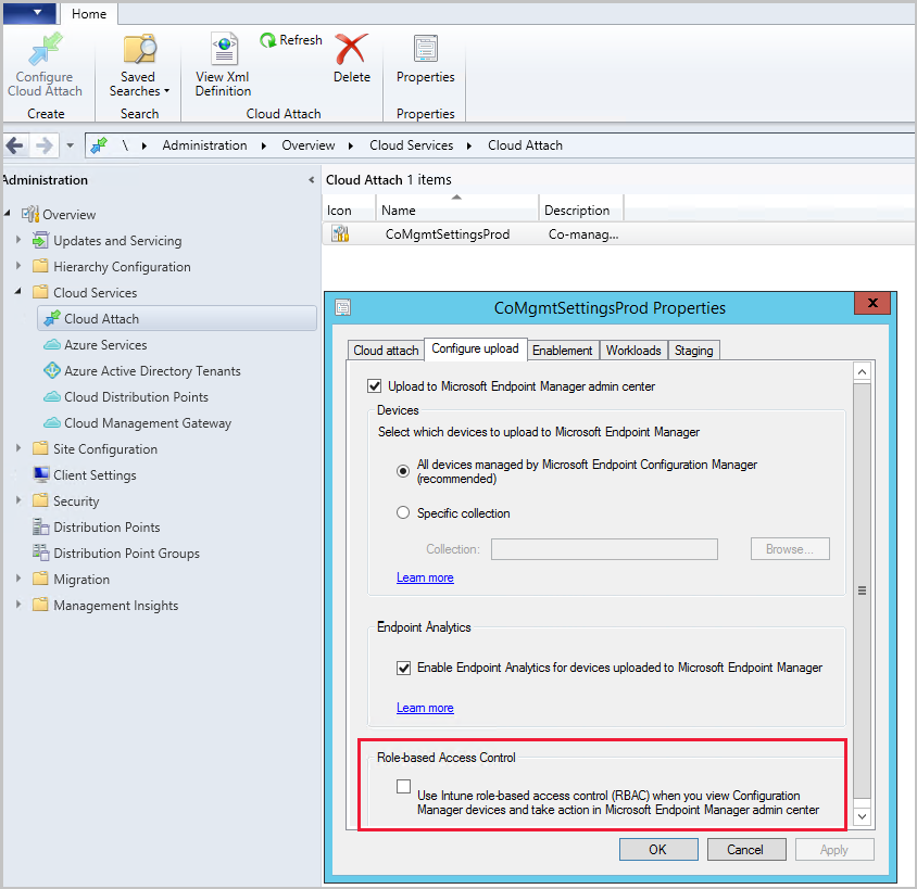 Screenshot of the CoMgmtSettingsProd properties showing the Configure upload tab