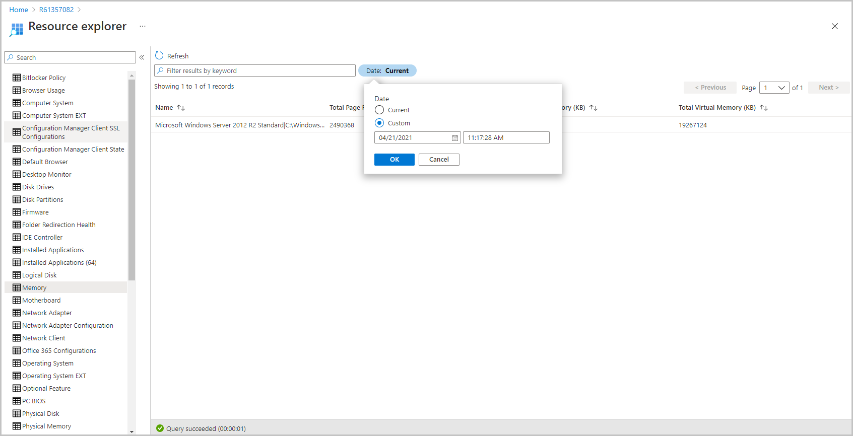 Screenshot of choosing a date from Resource explorer in the Microsoft Endpoint Manager admin center 